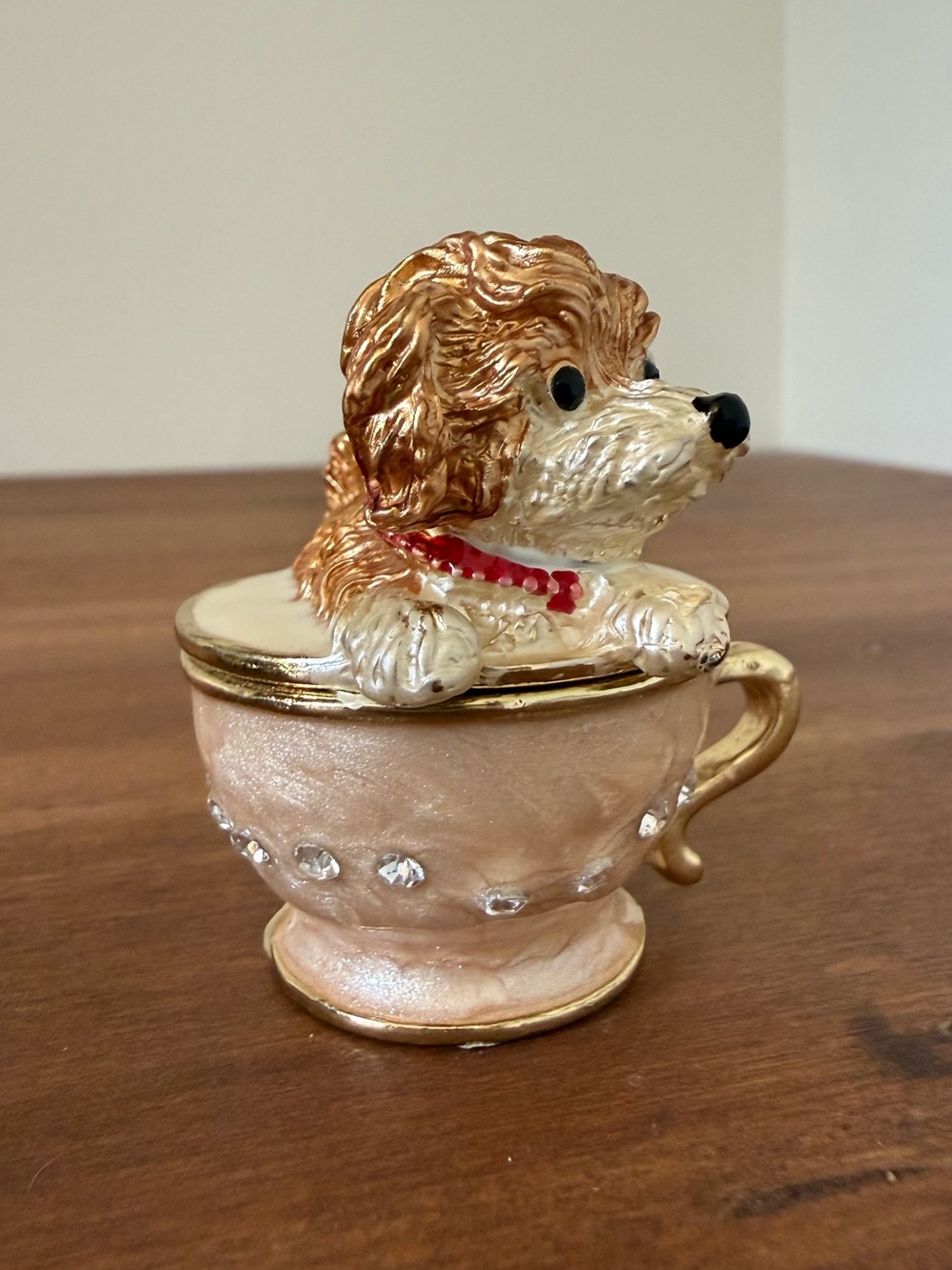 Gold and Cream Puppy on a Teacup Jewelry Trinket Box with Rhinestones Accents - Picture 2 of 12
